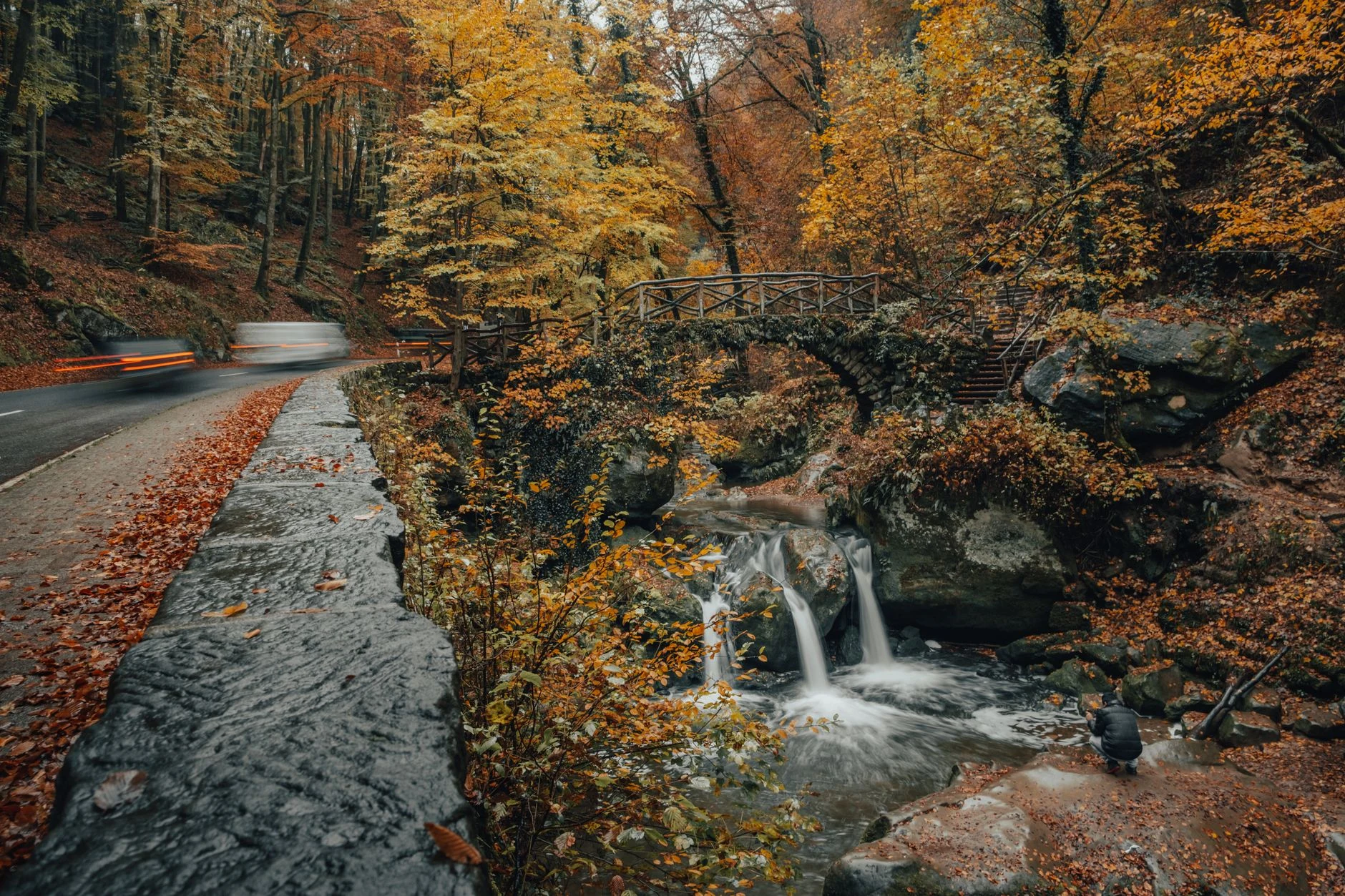 Ruisseau et passerelle en bois dans une vallée boisée du Müllerthal.