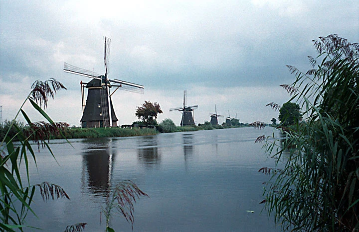 Moinhos de Kinderdijk junto a um canal e dique
