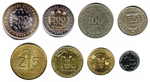 Billets et pièces de franc CFA d’Afrique de l’Ouest, comme contexte monétaire.