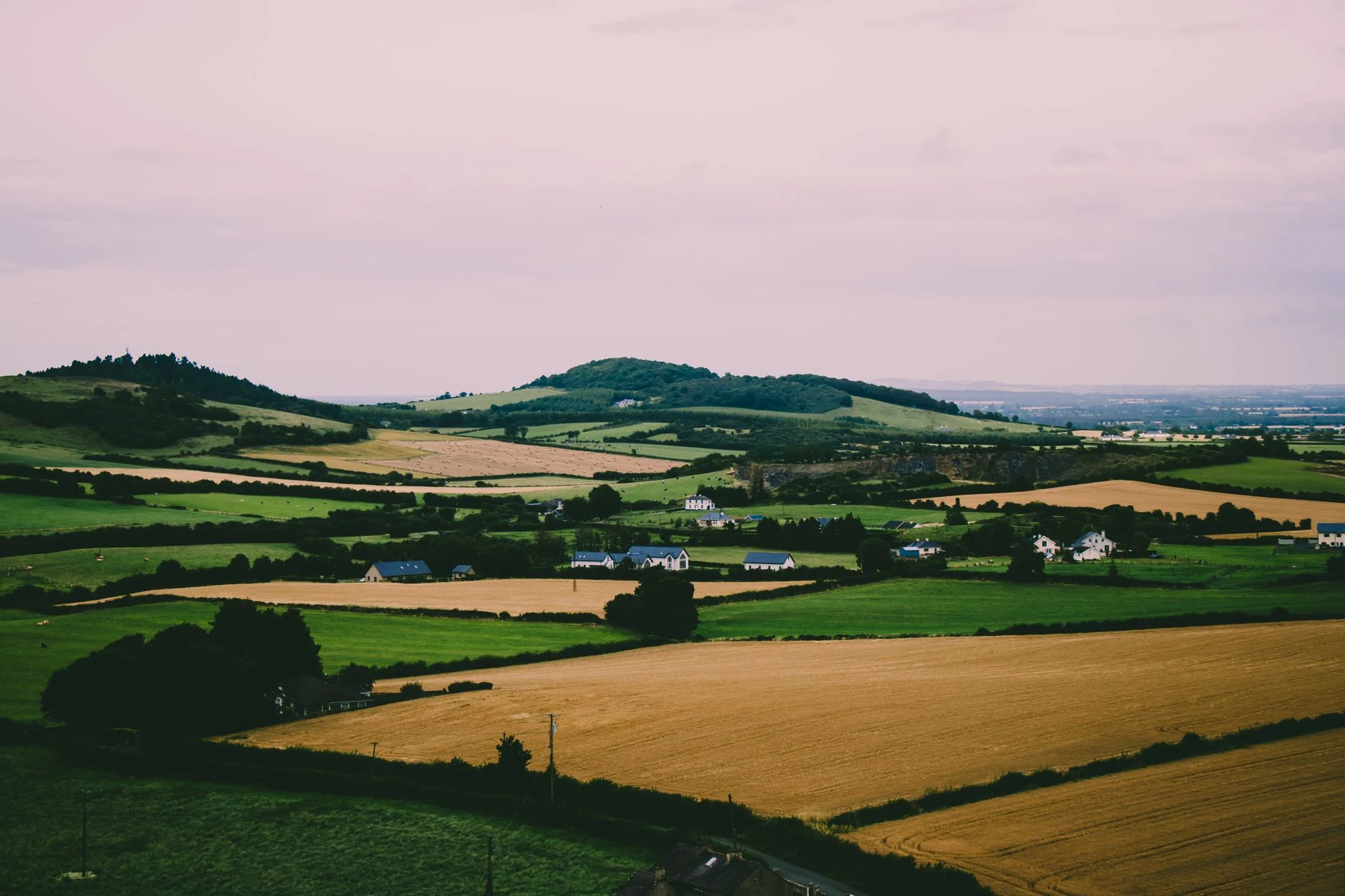 Paysage rural irlandais présenté comme contexte géographique.